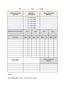 Resistance training log sheet for personal trainers. 