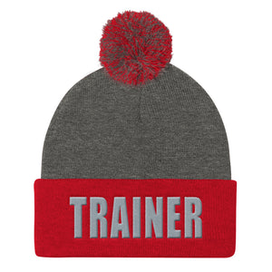 Personal Trainer Red and Gray Pom Pom Knit Cap