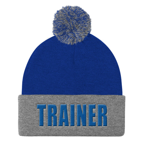 Personal Trainer Royal Blue and Gray Pom Pom Knit Cap